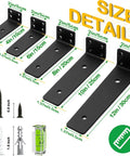 Heavy Duty Floating Shelf Brackets 6 Inch 6 Pack Black Coated Metal displayed by size with measurements and installation components.