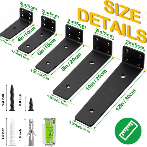 Heavy Duty Floating Shelf Brackets 6 Inch 6 Pack Black Coated Metal displayed by size with measurements and installation components.