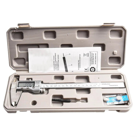 Micpointik Digital Caliper 0-150mm in protective case, stainless steel, precise measurements, user manual included.