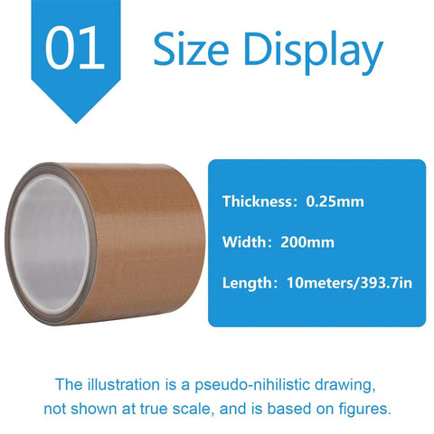 High Heat Resistant PTFE Tape For Sublimation Pressing And Vinyl Weeding, 200mm wide, 10m long, 0.25mm thick roll.