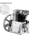 Aluminium alloy air compressor pump head with twin cylinders, cooling fins, and fan