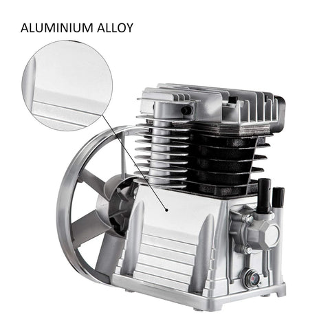 Aluminium alloy air compressor pump head with twin cylinders, cooling fins, and fan