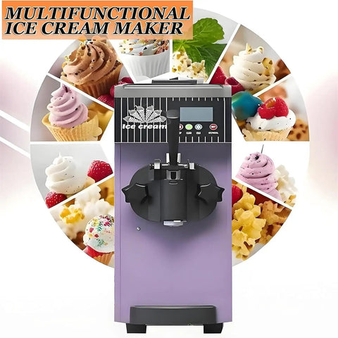Heavy Duty Single Flavor Commercial Soft Serve Ice Cream Maker 450W, front view with dessert images in background.