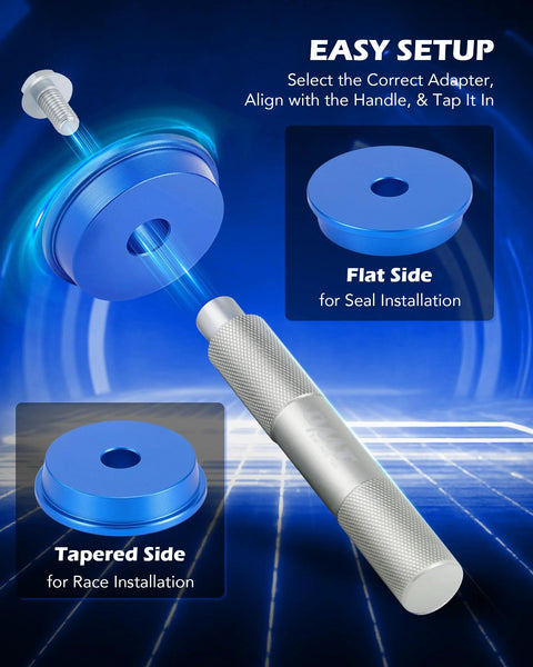 Diagram of Bearing Race And Seal Driver Kit 43-Piece Set With 23 Metric And 16 SAE Adapters showing flat and tapered sides for installation.