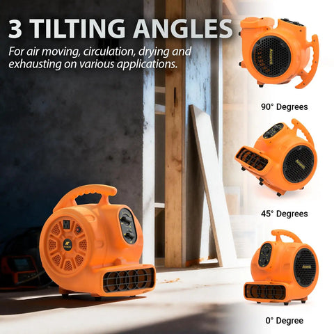 Quarter Horsepower 1100 CFM Air Mover Blower Fan showing three tilting angles for versatile use in water damage restoration