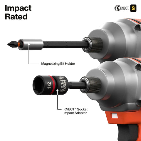 KNECT adapters and magnetizing bit holder from Pass-Through Impact Socket Set 33-Piece SAE And Metric With 7 SAE And 8 Metric Pass-Through Sockets.