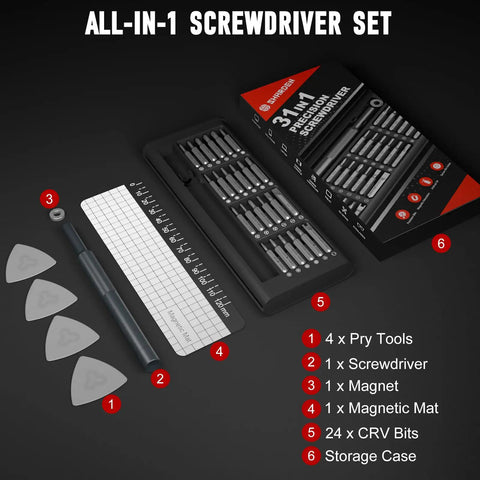 Top Tier 31 In 1 Precision Screwdriver Set Featuring Slick Magnetic Bits And Pry Tools, 24 CRV bits with storage case and pry tools.