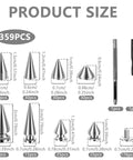 359 Piece Punk Spikes And Studs Kit In Zinc Alloy Silver Cone Spikes And Rivets Eight Sizes For DIY Leather Clothing Jackets Shoes Wallets And Decor Includes Punch And Screwdriver product size illustration