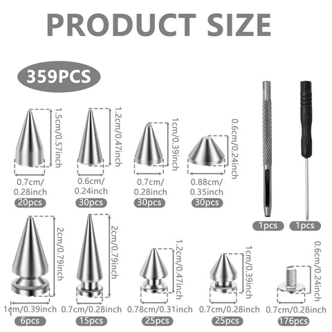 359 Piece Punk Spikes And Studs Kit In Zinc Alloy Silver Cone Spikes And Rivets Eight Sizes For DIY Leather Clothing Jackets Shoes Wallets And Decor Includes Punch And Screwdriver product size illustration