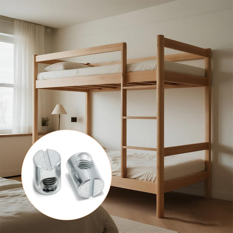 Beefy M8 Barrel Nuts Cross Dowels Slotted Nuts Set 15 Pcs Zinc Plated M8x11.5x14.5mm with bunk beds in background