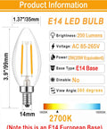 Diagram showing E14 European Base LED Filament Edison Bulb 2W Warm White 2700K Non Dimmable Four Pack specifications