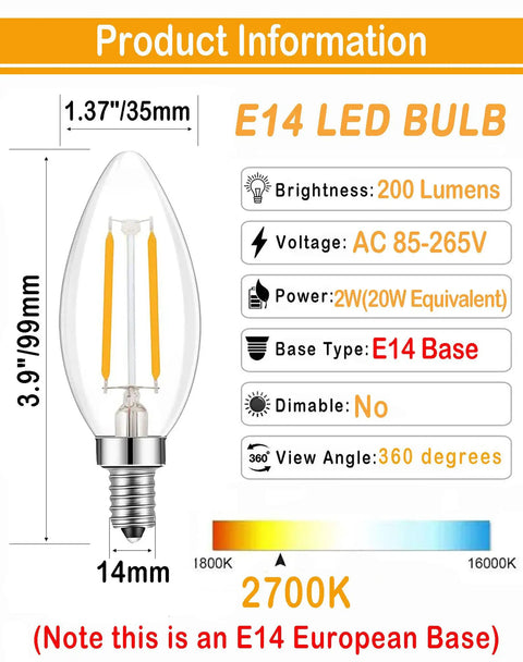 Diagram showing E14 European Base LED Filament Edison Bulb 2W Warm White 2700K Non Dimmable Four Pack specifications