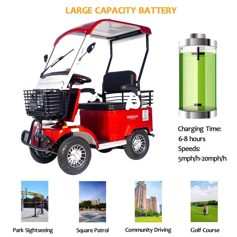 Heavy Duty Electric Golf Cart Passenger Cruiser Features Massive Storage Trunk And Slick 800W Motor Pushing 18MPH Over 50 Miles Per Charge For No Sweat Riding Anywhere side view with basket and seat.