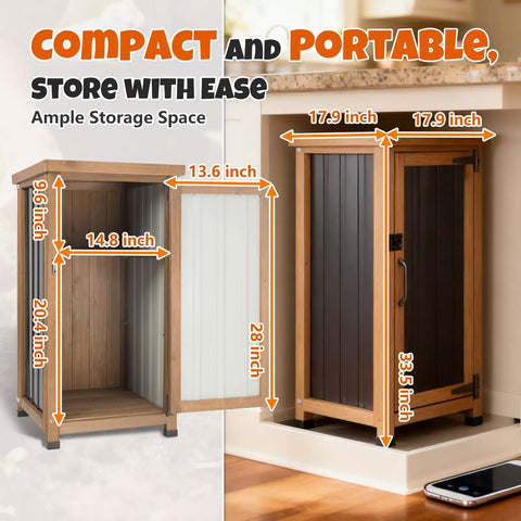 Slim Outdoor Storage Cabinet With Weatherproof Roof Wood And Metal Construction Removable Shelf Lockable Door Two Hinges Adjustable Feet Ideal Under Counter Or Balcony Storage For Small Spaces shown with measurements