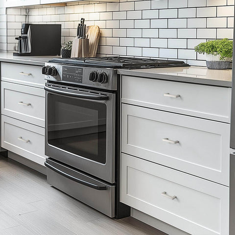 Kitchen with white cabinets featuring 8 Pack Brushed Nickel Cabinet Handles for Kitchen Cabinets and Drawers, modern stove