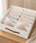 Fabric Drawer Organizer For Intimates And Bras With Six Roomy Compartments Plus Grip Handle Hella Breathable Linen Closet Bin in use.