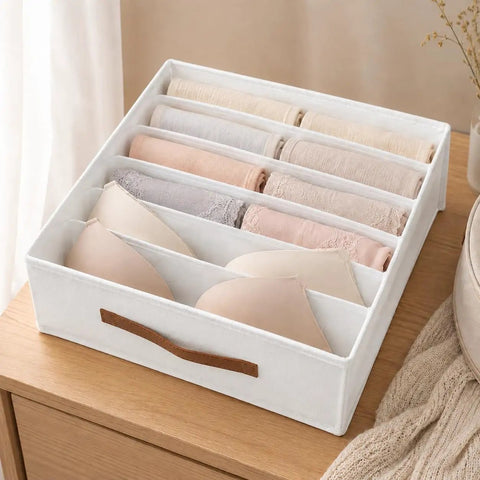 Fabric Drawer Organizer For Intimates And Bras With Six Roomy Compartments Plus Grip Handle Hella Breathable Linen Closet Bin in use.
