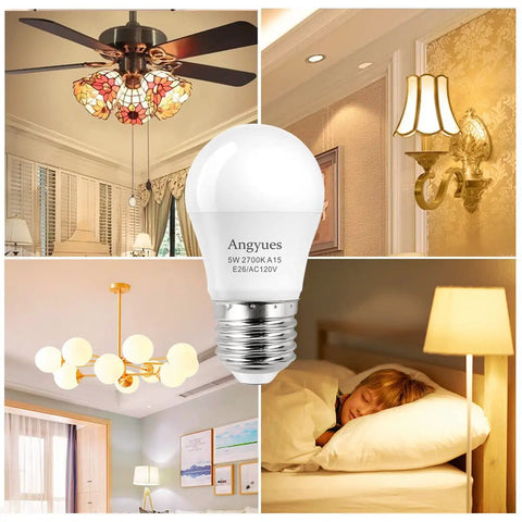 40W Equivalent A15 LED Bulb 120V Warm White 2700K Energy Saving E26 Base Pack of 4 displayed in various home settings