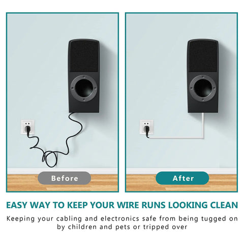 Before and after using Paintable Mini Cord Cover For One Wire Self Adhesive Cable Concealer Channel Long 153 Inch White for speaker.