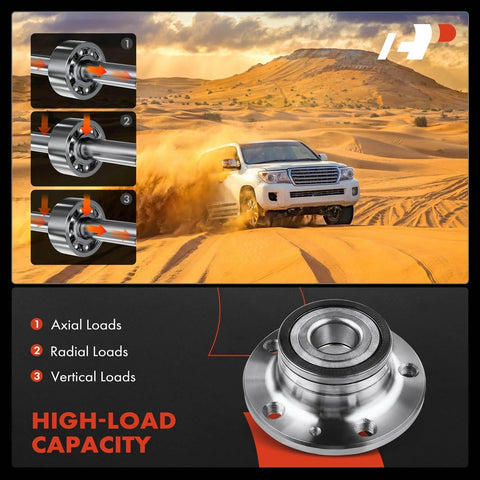 Image showing high-load capacity of a rear wheel bearing and hub assembly for Audi and Volkswagen vehicles 2005 to 2022.