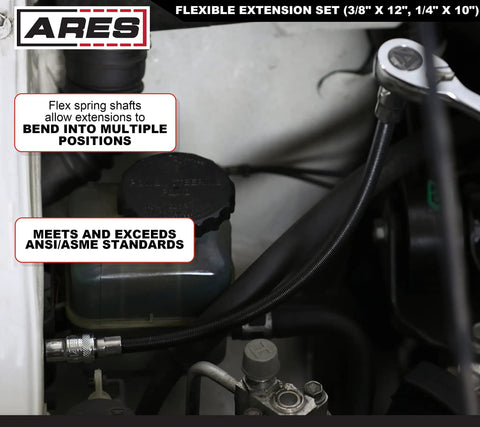 Flexible Socket Extension Set With One Quarter Inch Drive And Three Eighth Inch Drive Extenders Ten Inch And Twelve Inch Lengths Flexible Shafts Spring Loaded Detent Balls Prevent Slipping Ideal For Hard To Reach Bolts And Tight Workspaces used in engine
