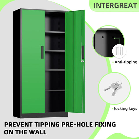 72 Inch Beefy Heavy Duty Metal Garage Storage Cabinet With 2 Locking Doors And 5 Adjustable Shelves 900 Lbs Max Load Rugged Steel Organizer with anti-tipping feature and locking keys, Black Green Finish