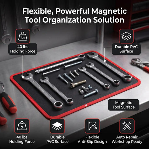 Heavy Duty Magnetic Tool Mat With PVC Coating Flexible 9.84 By 12.99 Inches Stays Put For Screwdrivers Wrenches Bolts And Small Parts In The Garage Or Shop Holds Tools Firmly Even On Tilted Surfaces, 40 lb holding force