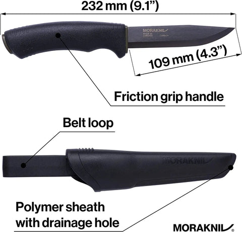 Carbon Steel Fixed Blade Bushcraft Knife With Sheath, 4.3 Inch Blade, Black Tactical Outdoor Knife, friction grip handle and belt loop