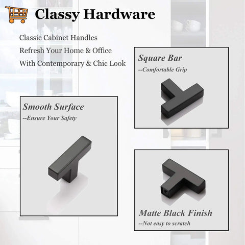 100 Pack Flat Black Stainless Steel Cabinet Knobs Square Corner Bar Handles For Kitchen Cabinets And Doors, 2 Inch Overall Length, Single Hole T Knob, Drawer Pulls For Closet Wardrobe Bedroom, Durable Modern Hardware