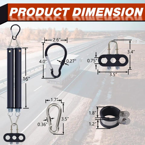 Product dimension of Dual Tender Spring Kit For Semi Truck Air Lines With 16 Inch Length And 3 In 1 Hose Holder And 3 Hole Clamp Holder Heavy Duty Air Line Mounts For Trucks Trailers And Tractors shown with measurements