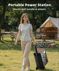 Heavy Duty Portable Power Station Packing 3600Wh Juice And 3600W Real Output, being wheeled outdoors by a woman.