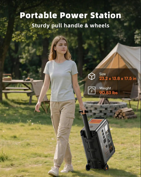 Heavy Duty Portable Power Station Packing 3600Wh Juice And 3600W Real Output, being wheeled outdoors by a woman.