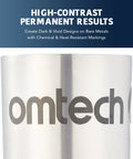 Front view of OMTech laser marking spray can; 13oz aerosol, silver metal finish with OMTech logo