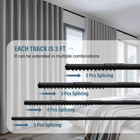 Heavy Duty Ceiling Curtain Track System For 6 To 9 Ft, Aluminum Sliding Rails With Wall Mount, shown with splicing options.