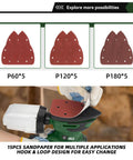 Detail Sander 13000 RPM Palm Sander 1.6A with sanding pad and 15 pcs sandpapers P60 P120 P180, close-up view