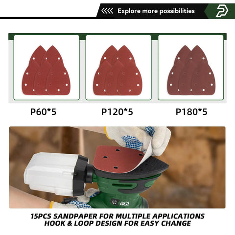 Detail Sander 13000 RPM Palm Sander 1.6A with sanding pad and 15 pcs sandpapers P60 P120 P180, close-up view