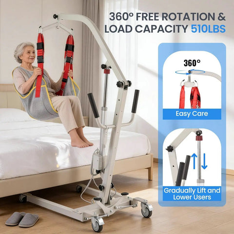 Heavy Duty Electric Patient Transfer Lift With Sling 510 Lbs Capacity, user seated in sling with 360° rotation by bed.
