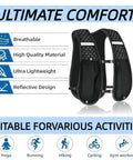 Lightweight Unisex Running Vest With Phone Pocket And Hydration Pack Adjustable Breathable Trail Gear For Men And Women Includes 500ml Soft Flask And Sweat Headband Ideal For Marathon Hiking Outdoor Runs, features and uses displayed.