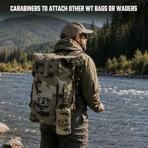 Person near river with Waterproof 2L Camouflage Dry Bag With Roll Top Closure For Duck Hunting And Outdoor Fun Beach Boating Kayaking Fishing Camping Durable 500D PVC Tarpaulin Shell Pouch