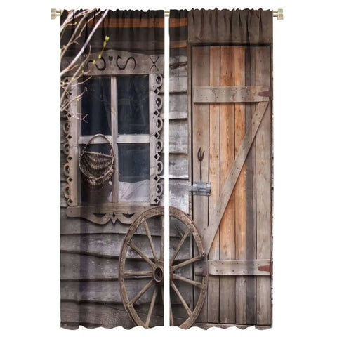 Barn Door Rod Pocket Blackout Curtains For Living Room, Rustic Farmhouse Vibe With Wooden Board Wheel Motif, Two Panel Set