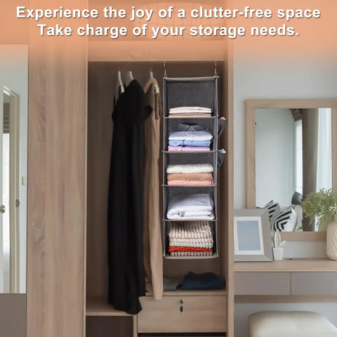 Five Tier Hanging Closet Organizer With Side Pockets, Super Solid Foldable Wardrobe Rack, Keeps Bedroom Clutter At Bay, Reinforced Steel Frame And Breathable Grey Fabric, Next Level Closet Upgrade For Small Spaces