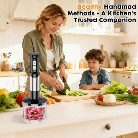 Heavy Duty Handheld Immersion Blender 6 In 1 Electric Mixer being used by a woman while preparing vegetables in a kitchen setting.