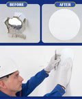 Slick Ceiling Cover Plates With 48 Hella Strong Double Sided Tapes For Instant Wall Hole Patches Quick DIY Room Refresh No Sweat Home Repair And Cozy Makeover before and after installation with round patch.