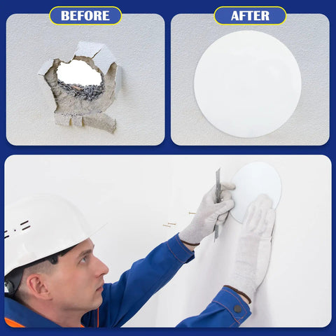Slick Ceiling Cover Plates With 48 Hella Strong Double Sided Tapes For Instant Wall Hole Patches Quick DIY Room Refresh No Sweat Home Repair And Cozy Makeover before and after installation with round patch.