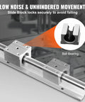 Beefy 800mm SBR20 Linear Rail Kit With Four SBR20UU Blocks for CNC Routers, showing heavy-duty steel rails and ball bearing detail.