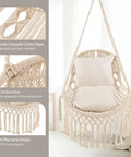 Macrame Swing Chair For Indoor Outdoor Living, Heavy Duty Hanging Porch Swing With Soft Cushions, Cotton Rope And Hardware Kits, Supports Up To 330 Lbs, Oval Hammock Style Chair For Patio Balcony Beige