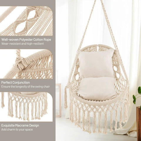 Macrame Swing Chair For Indoor Outdoor Living, Heavy Duty Hanging Porch Swing With Soft Cushions, Cotton Rope And Hardware Kits, Supports Up To 330 Lbs, Oval Hammock Style Chair For Patio Balcony Beige