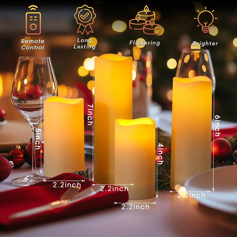 Flameless Flickering LED Candles Set Of 12 Ivory Plastic Pillars With Remote And Timer, Battery Operated Candles On Table
