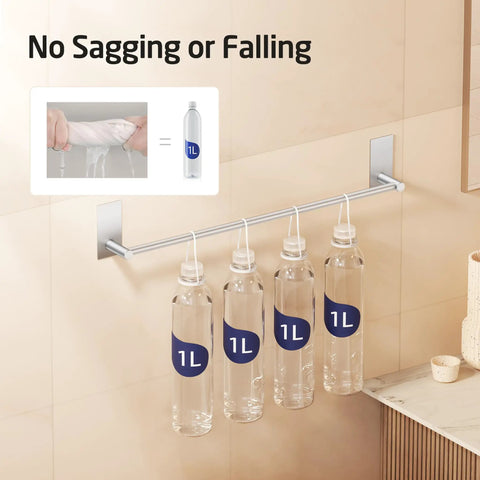 No Drill Adhesive Towel Bar 22 Inch Wall Mount For Bathroom Stick On Towel Rack Rustproof SUS304 Stainless Steel Brushed Finish Holds Up To 8.8 Lbs Contemporary Style Easy Install No Tools Needed supporting four 1L bottles.