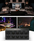 Four-Way Balanced XLR Stereo Splitter Box Passive Audio Distributor For Studio And Live Use displayed with DJ and studio setups.